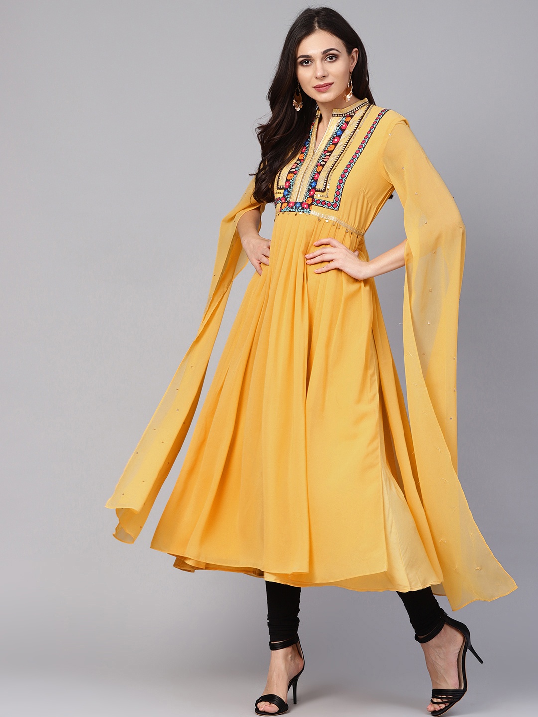 

W Women Mustard Yellow & Red Yoke Design A-Line Kurta