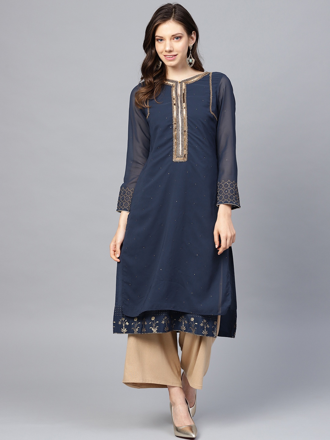 

Wishful by W Women Navy Blue & Golden Mukaish Embellished Layered Straight Kurta