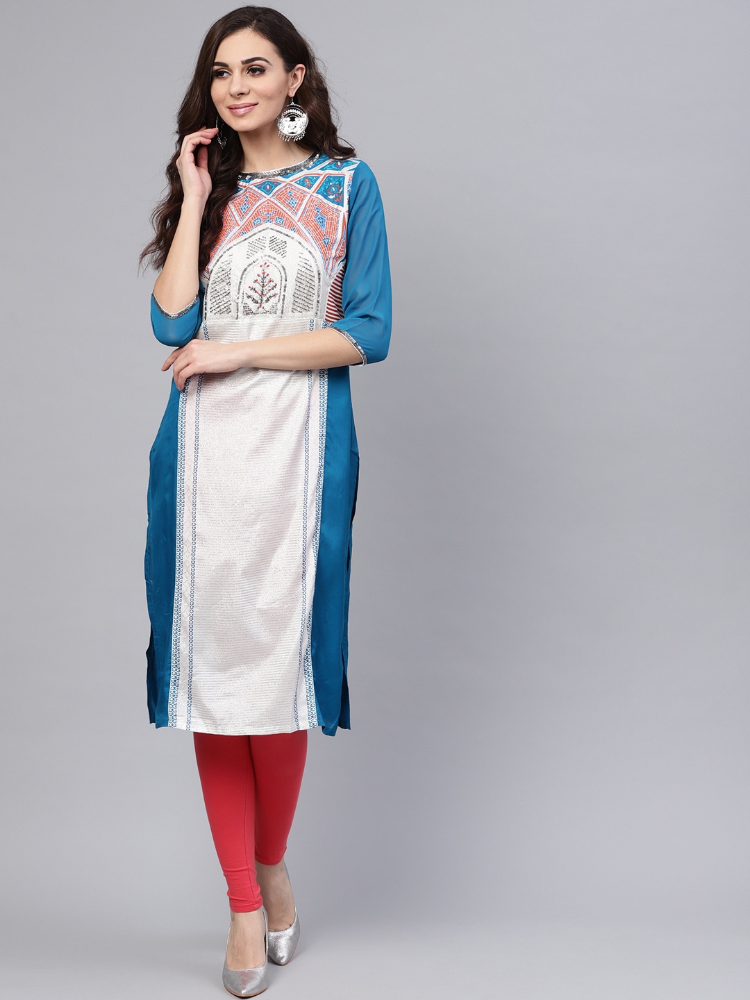 

WISHFUL by W Women Silver & Blue Printed Straight Kurta