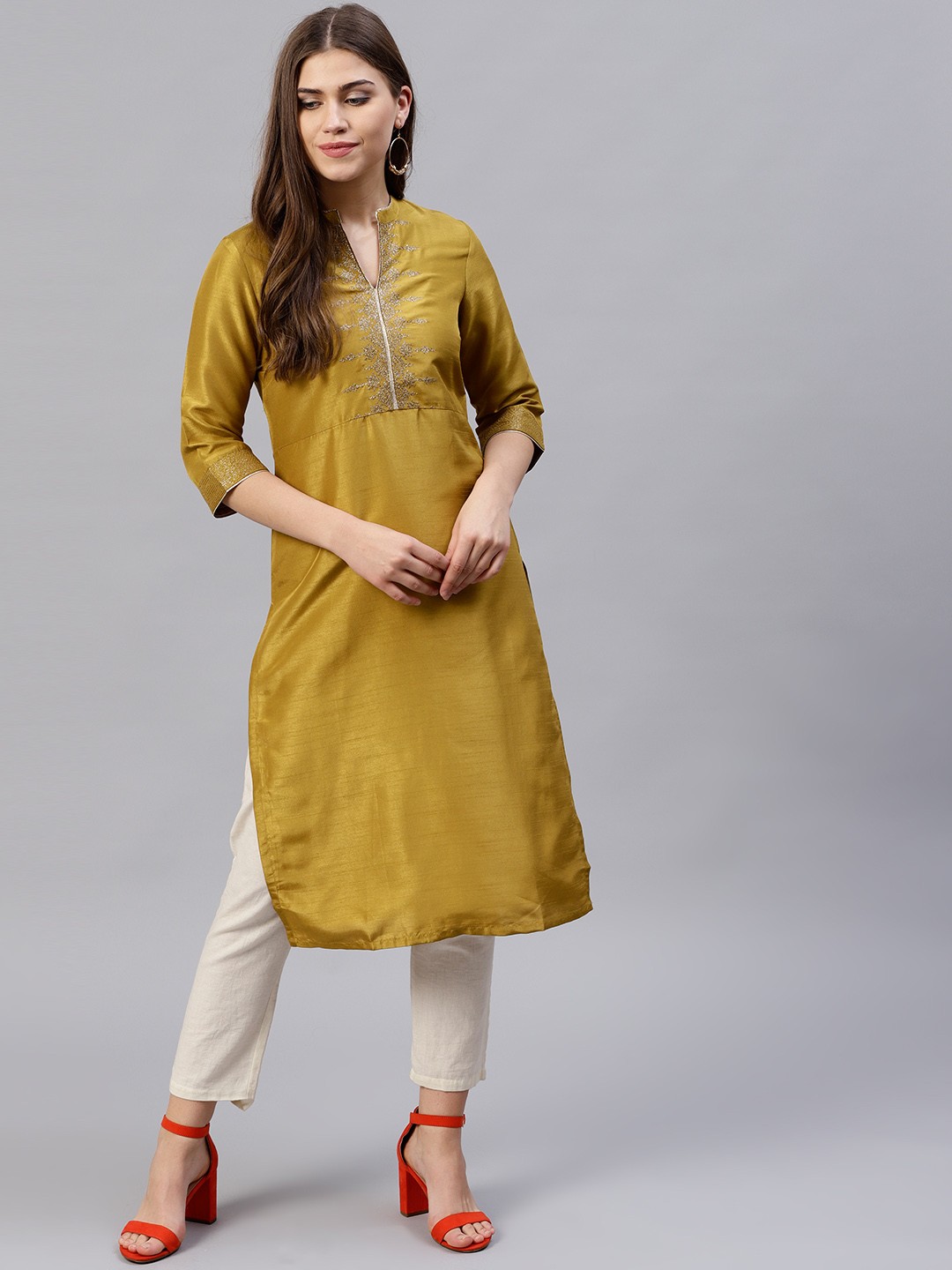 

W Women Mustard Yellow Yoke Design Straight Kurta