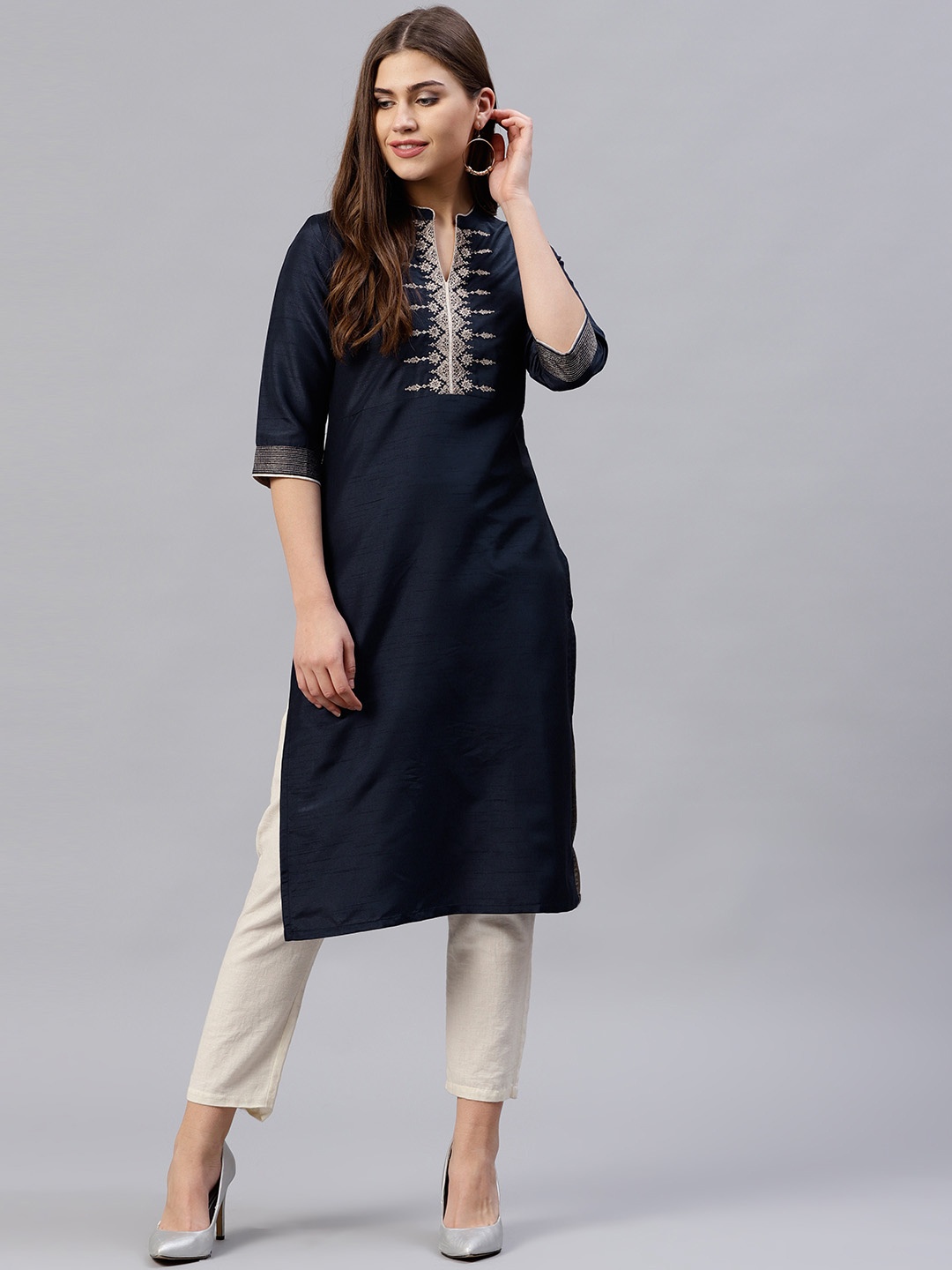 

W Women Navy Blue Yoke Design Straight Kurta