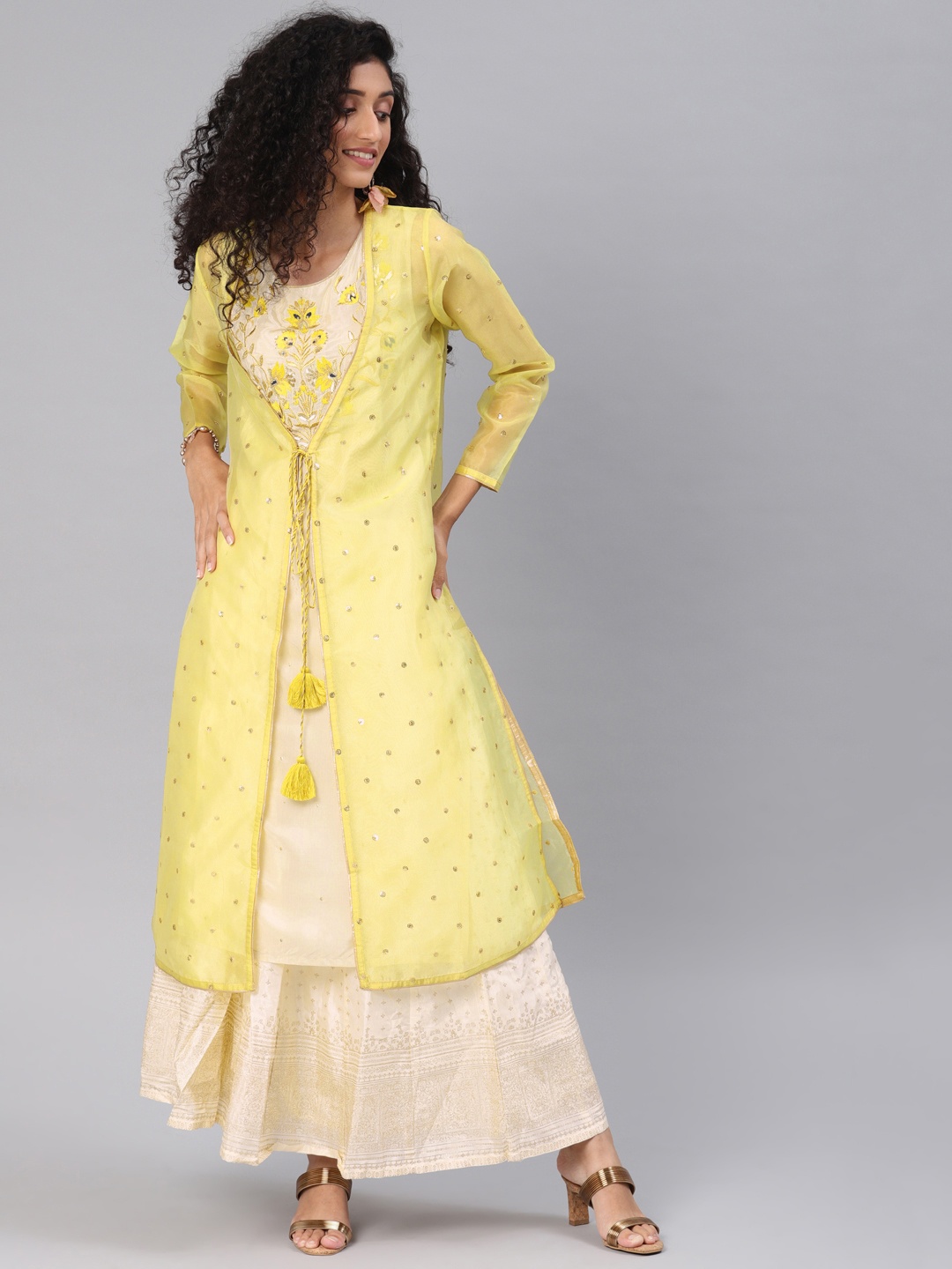 

WISHFUL by W Women Yellow & Beige Embroidered A-Line Layered Fusion Kurta