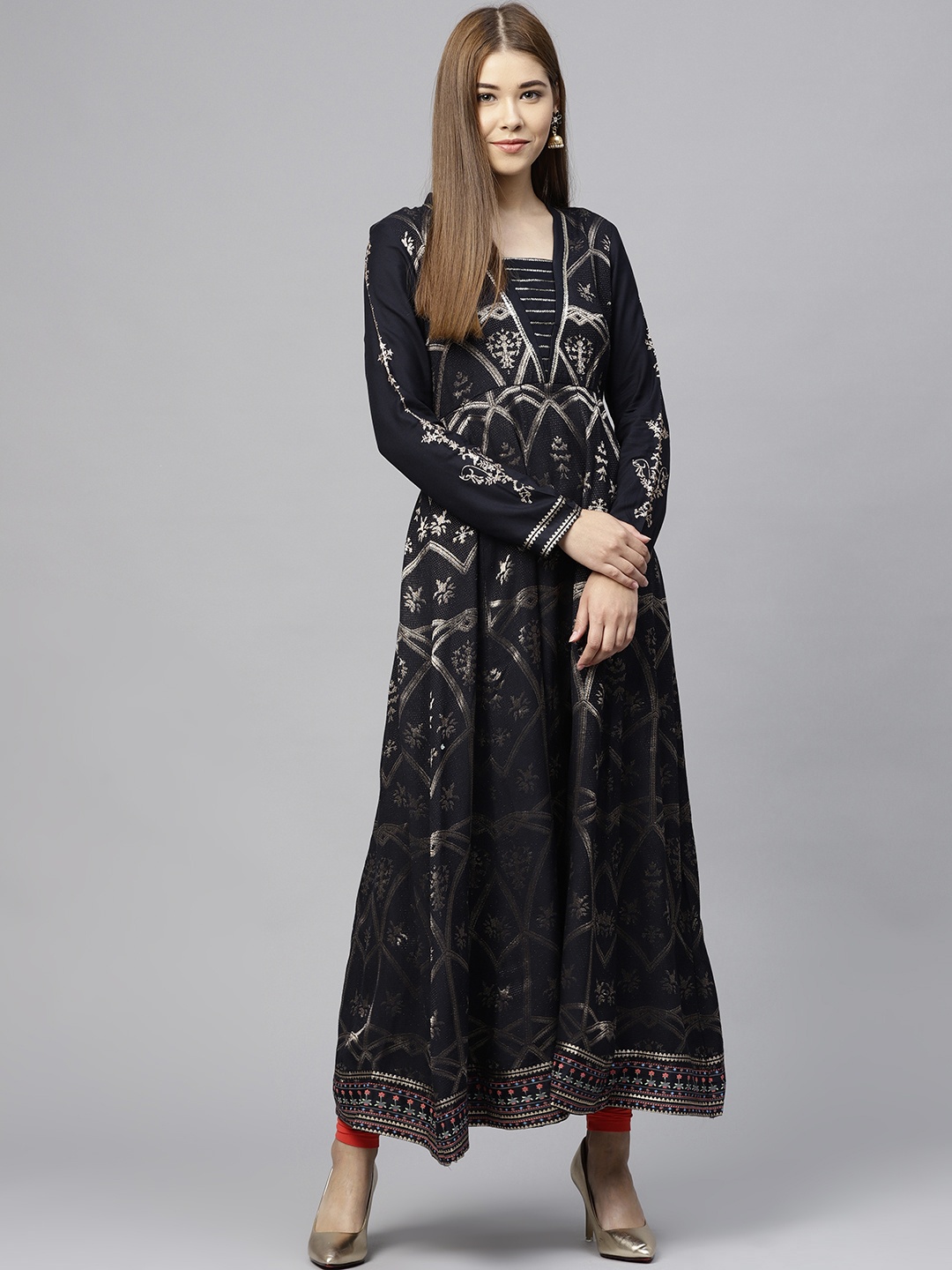 

W Women Navy Blue & Golden Printed A-Line Kurta