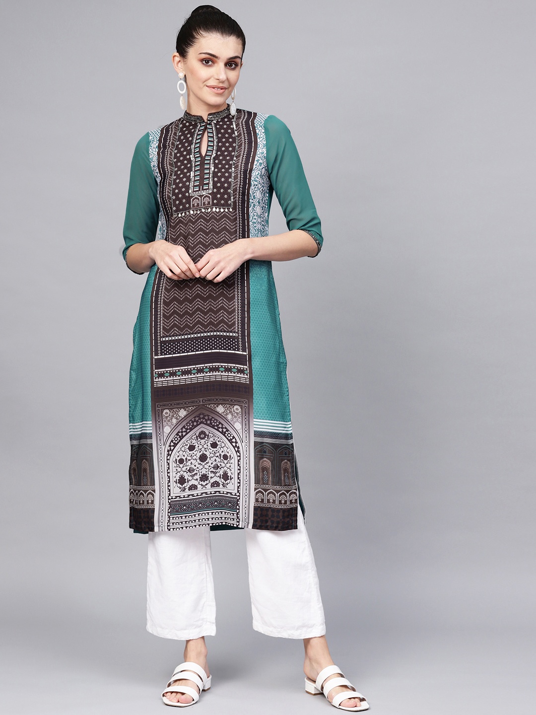 

WISHFUL by W Women Brown & Sea Green Printed Straight Kurta