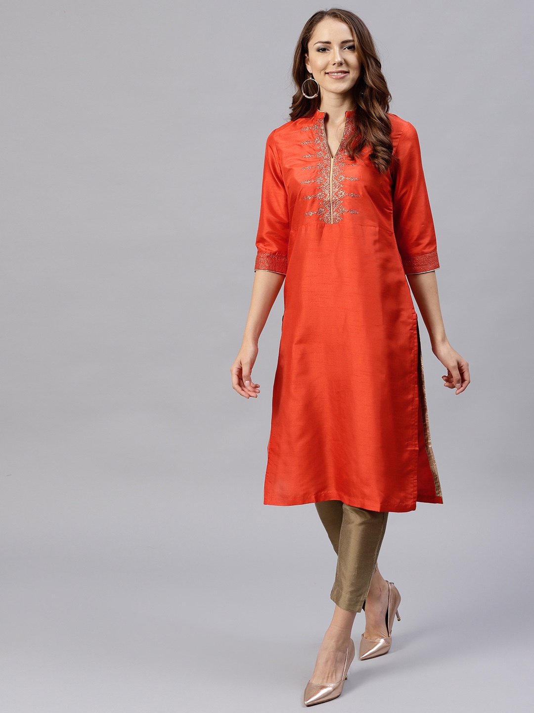 

W Women Rust Orange Embroidered Straight Kurta