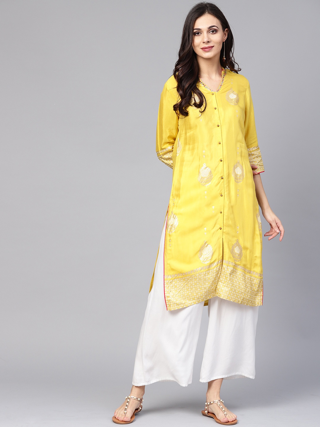 

W Women Yellow & Golden Printed Straight Kurta