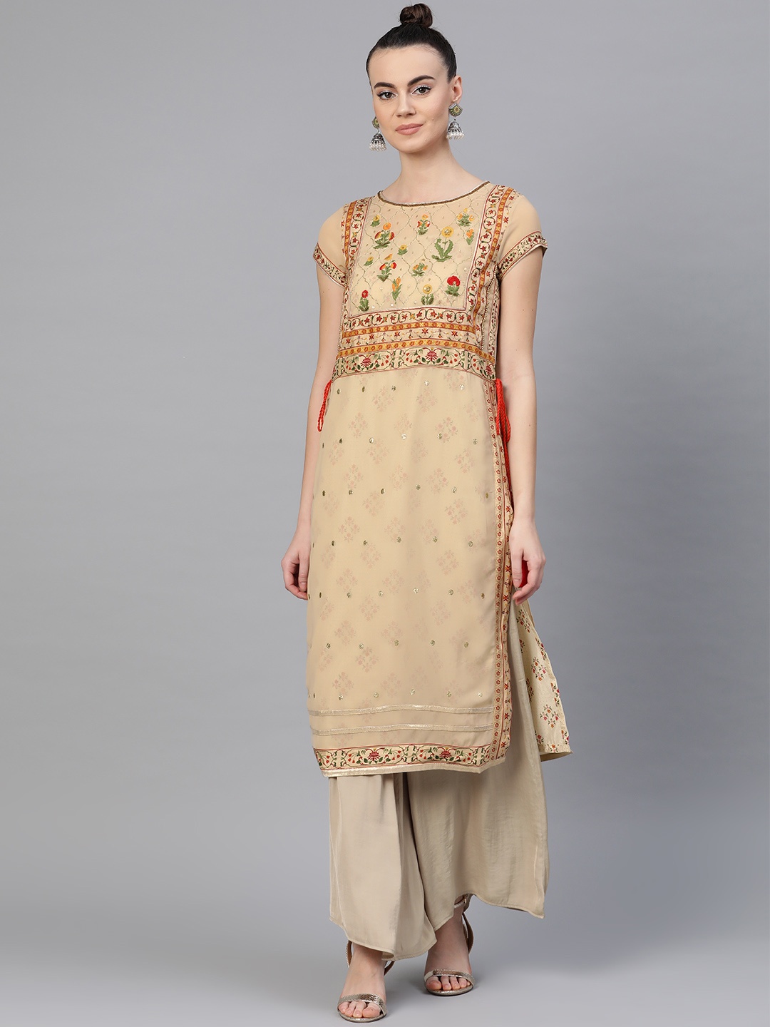 

WISHFUL by W Women Beige & Red Printed Layered Straight Kurta