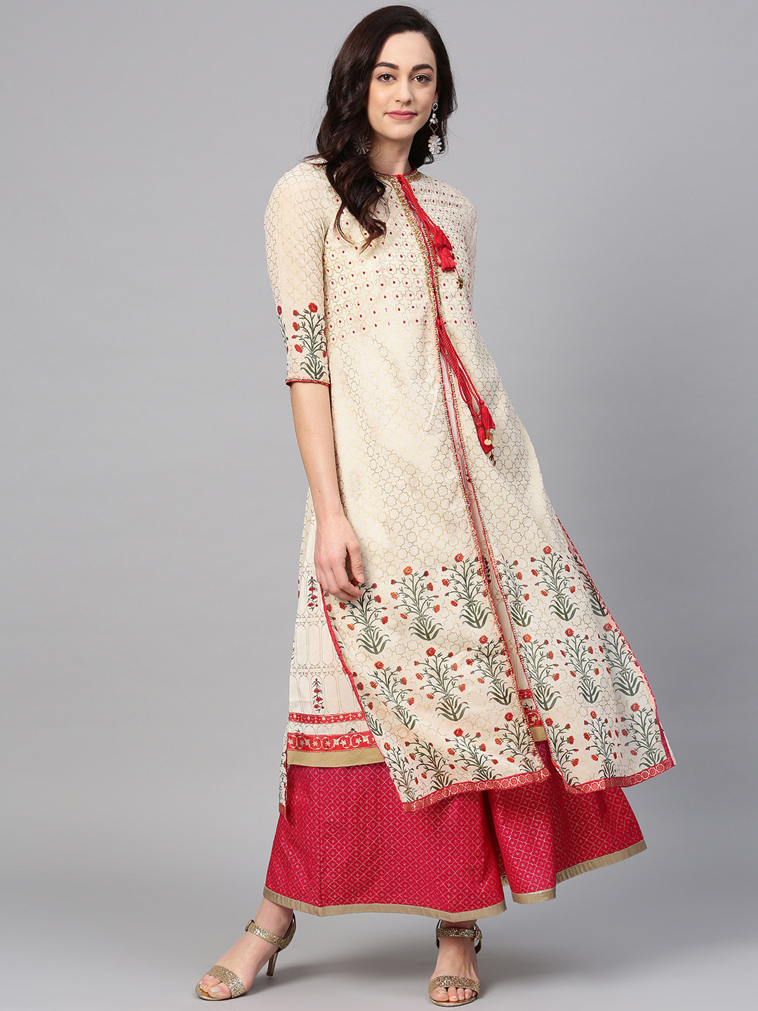 

WISHFUL by W Women Off-White & Golden Printed A-Line Kurta with Ethnic Jacket
