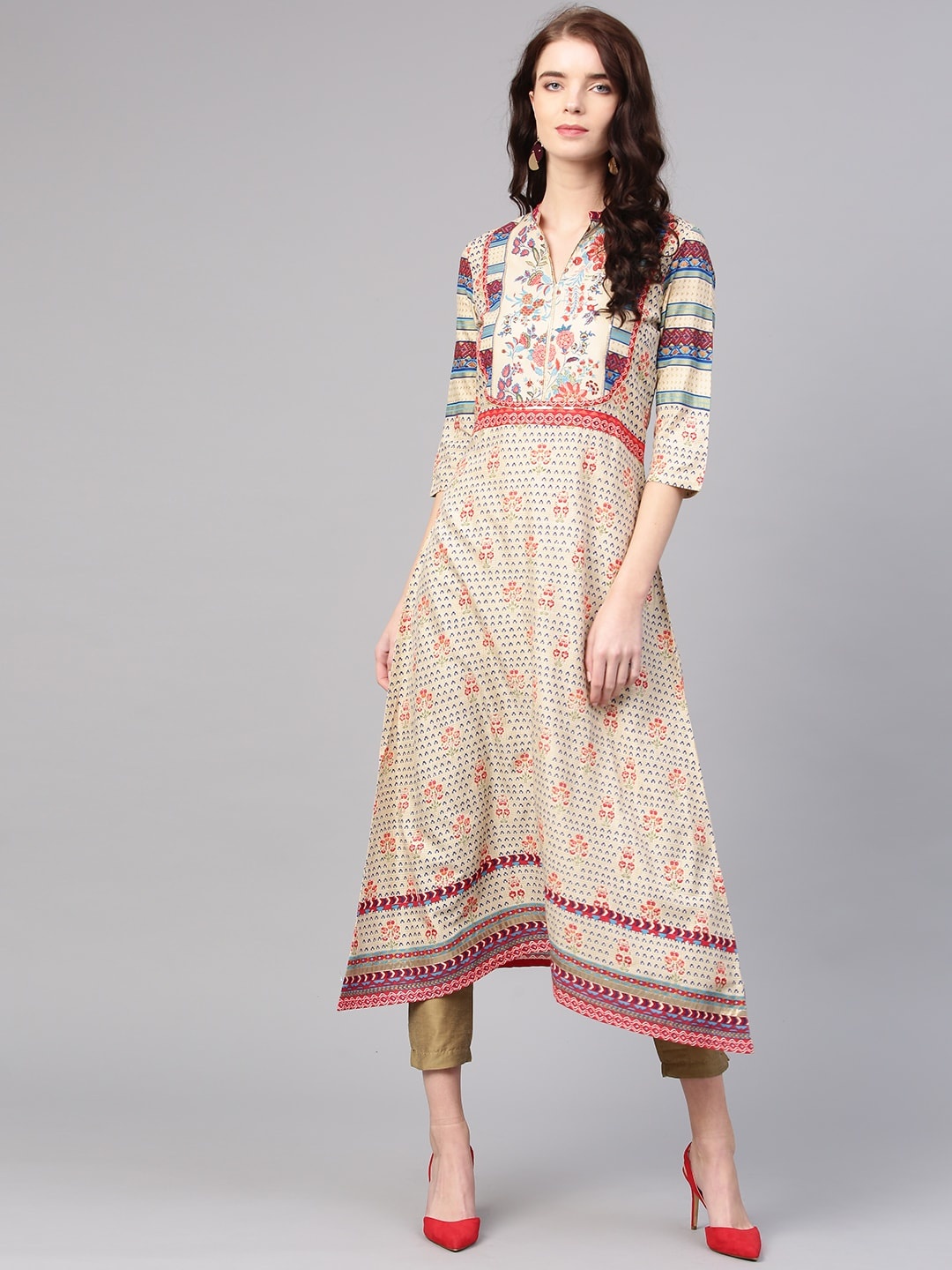 

W Women Beige & Blue Printed A-line urta
