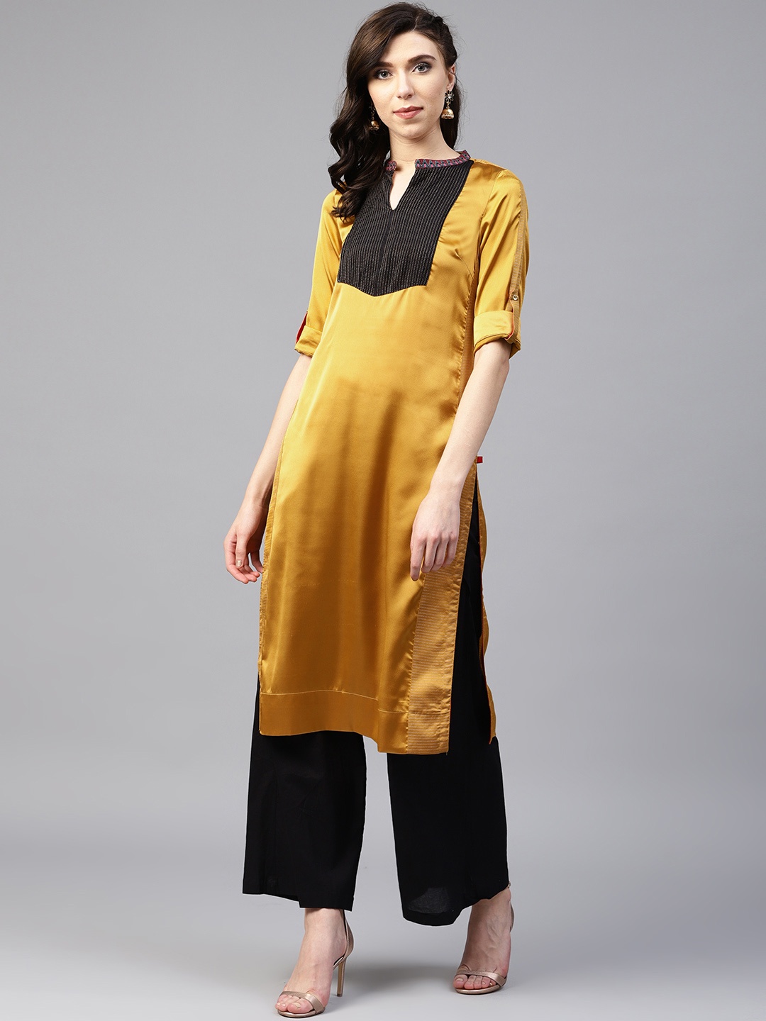 

W Women Mustard Yellow Yoke Design Straight Kurta