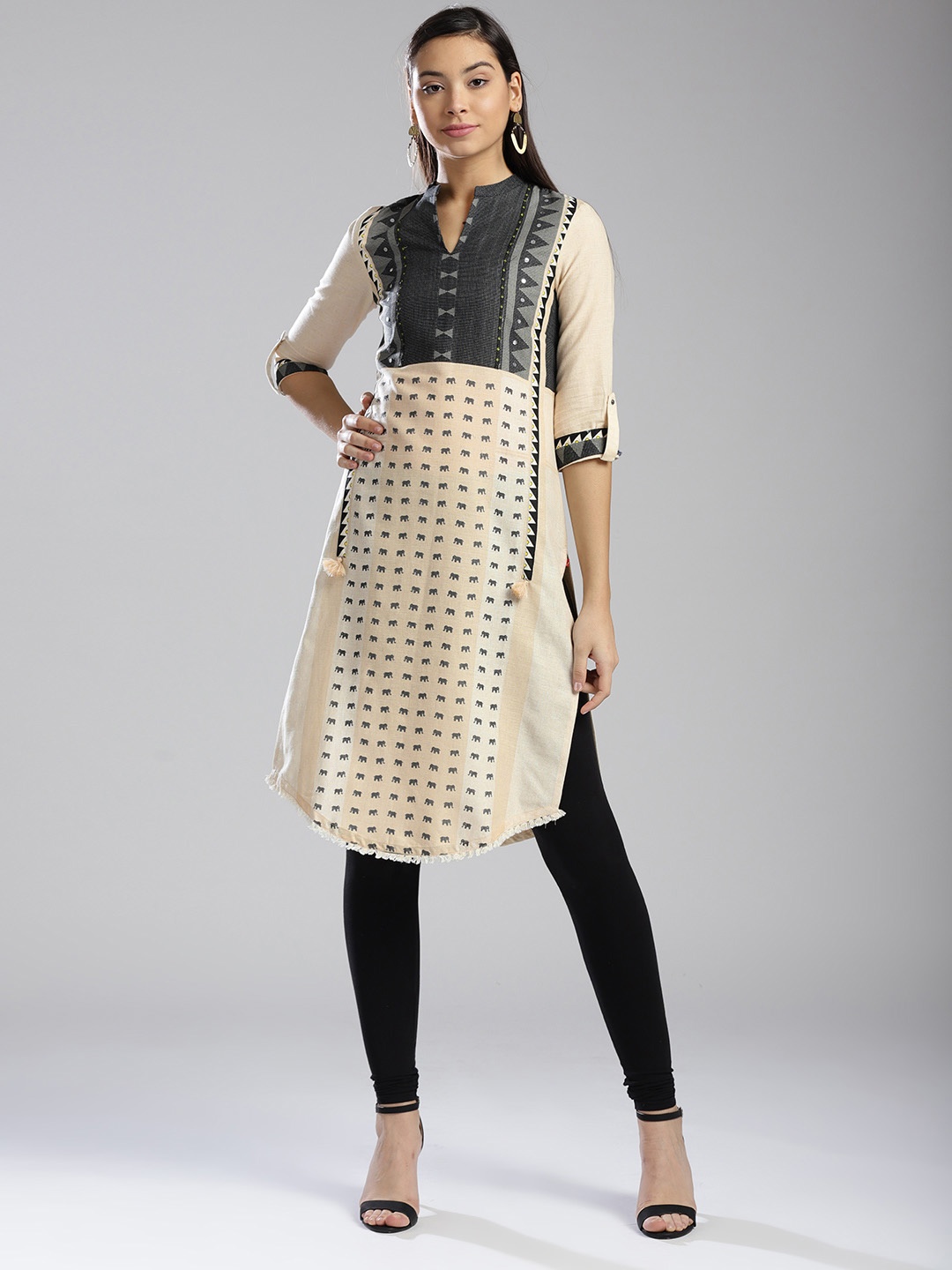 

W Women Beige & Charcoal Grey Printed Straight Kurta