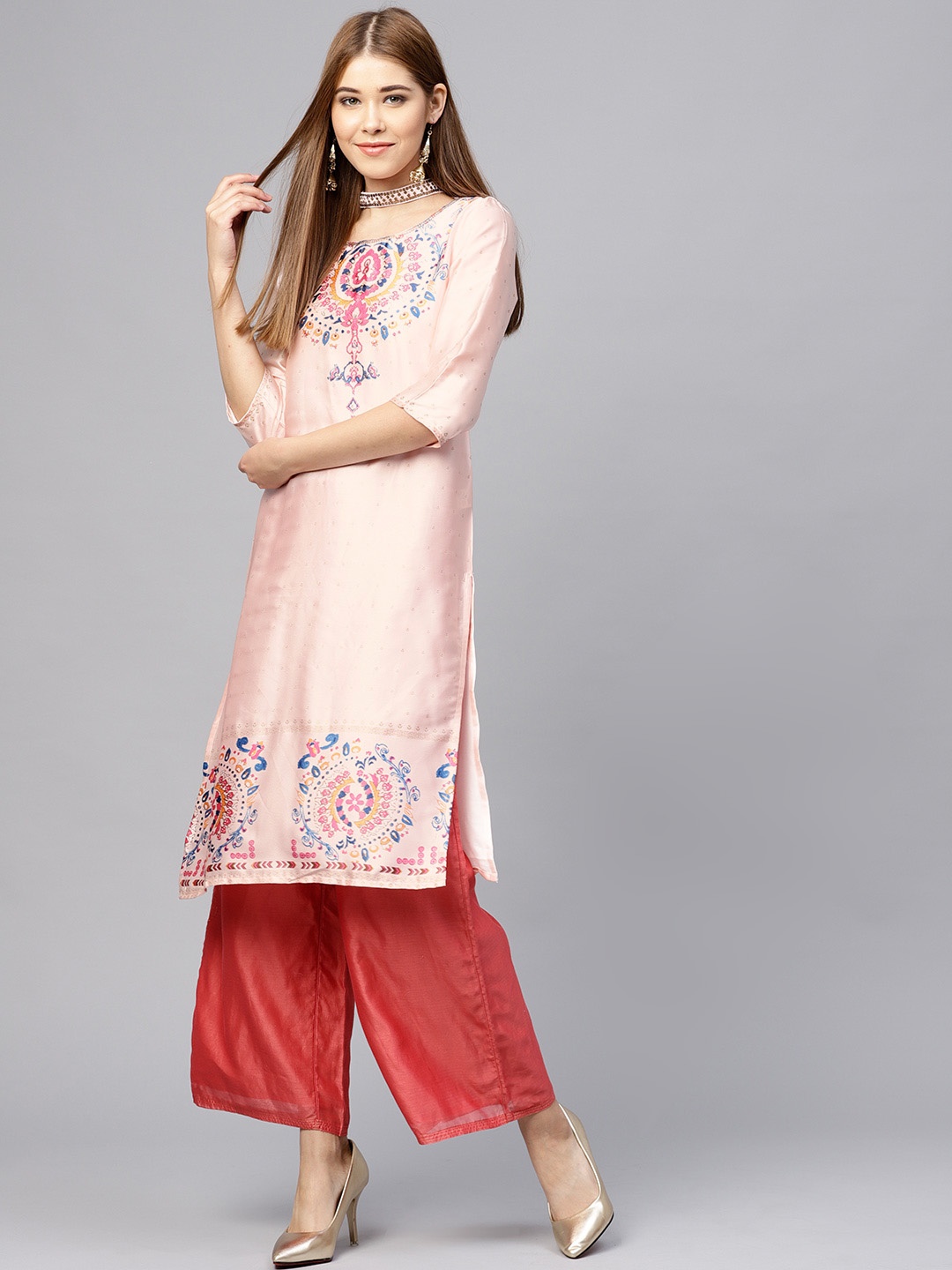

W Women Pink Printed Straight Kurta