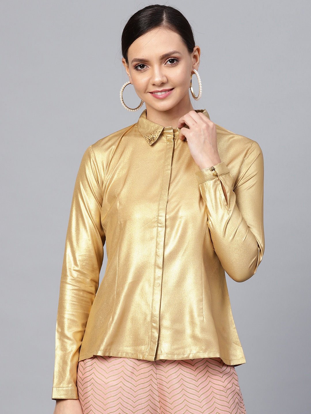 

WISHFUL by W Women Golden Regular Fit Solid Casual Shirt With Shimmery Detail, Gold