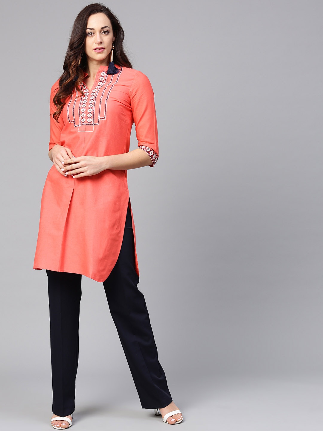 

W Women Coral Pink Yoke Design Straight Kurta