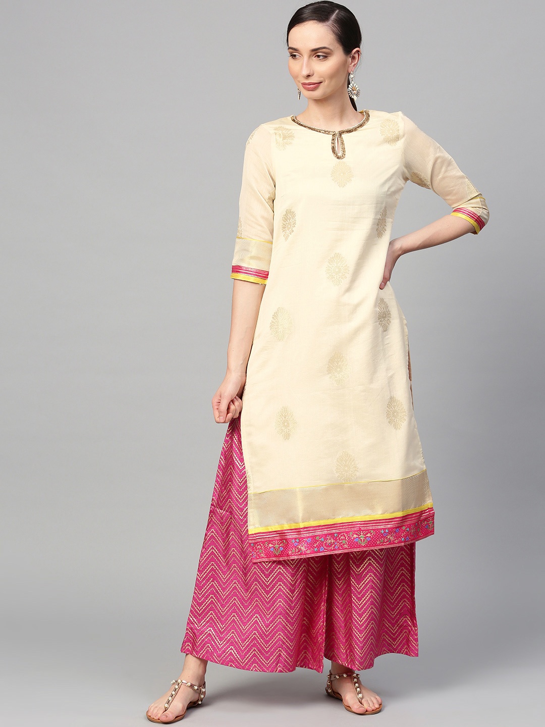 

WISHFUL by W Women Cream-Coloured & Golden Woven Design Straight Kurta