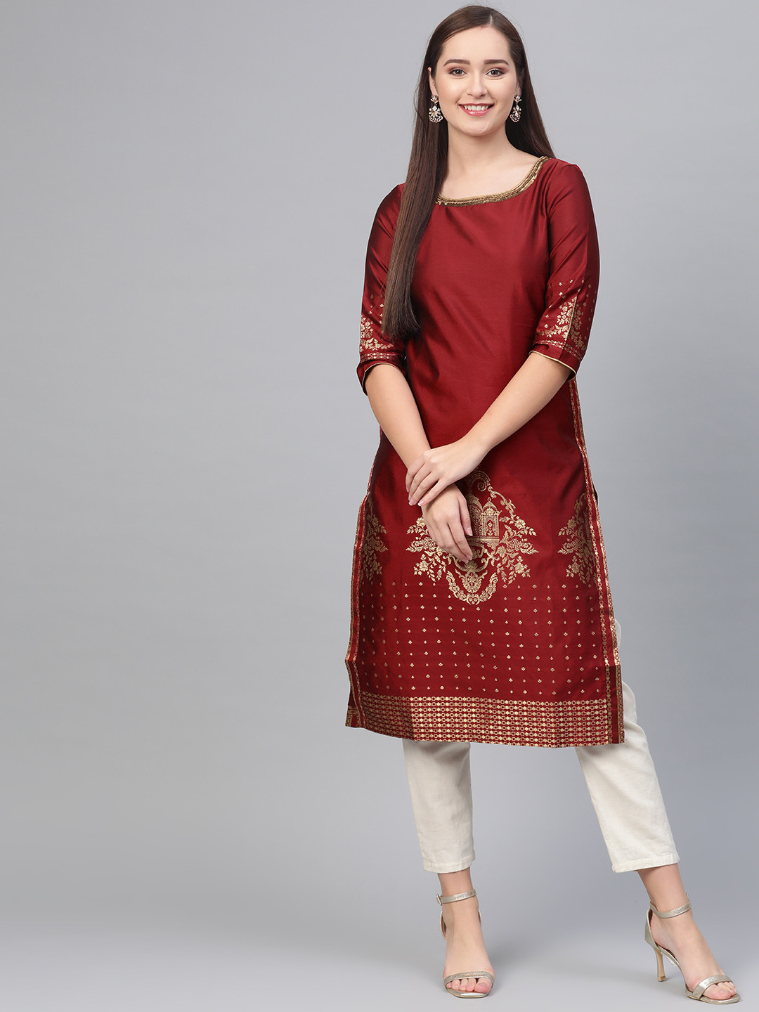 

WISHFUL by W Women Maroon & Golden Woven Design Straight Kurta