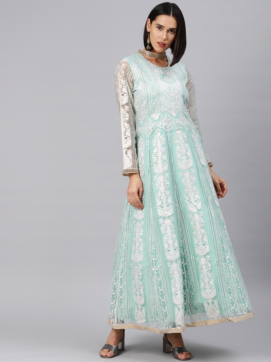 

WISHFUL by W Women Sea Green & White Printed Anarkali Kurta