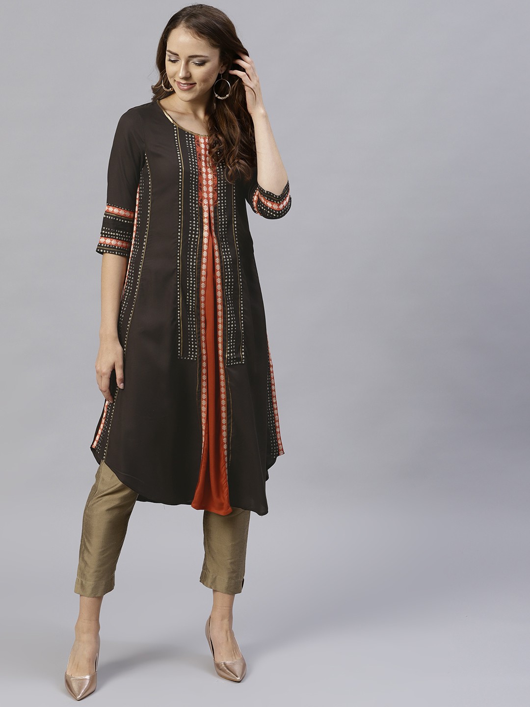 

W Women Brown Printed Panelled A-Line Kurta