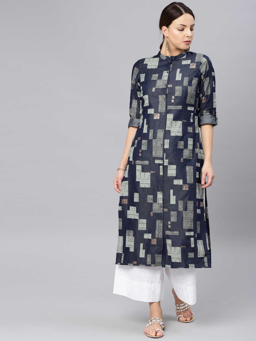 

W Black & Grey Printed A-Line Kurta, Blue