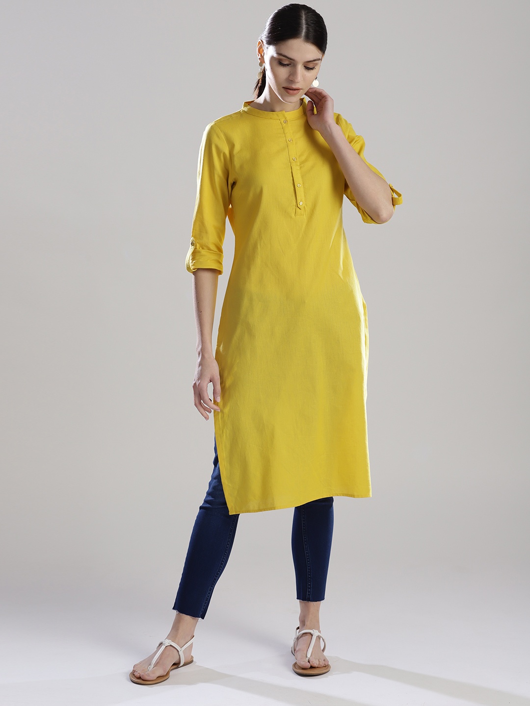 

W Women Yellow Solid Straight Kurta