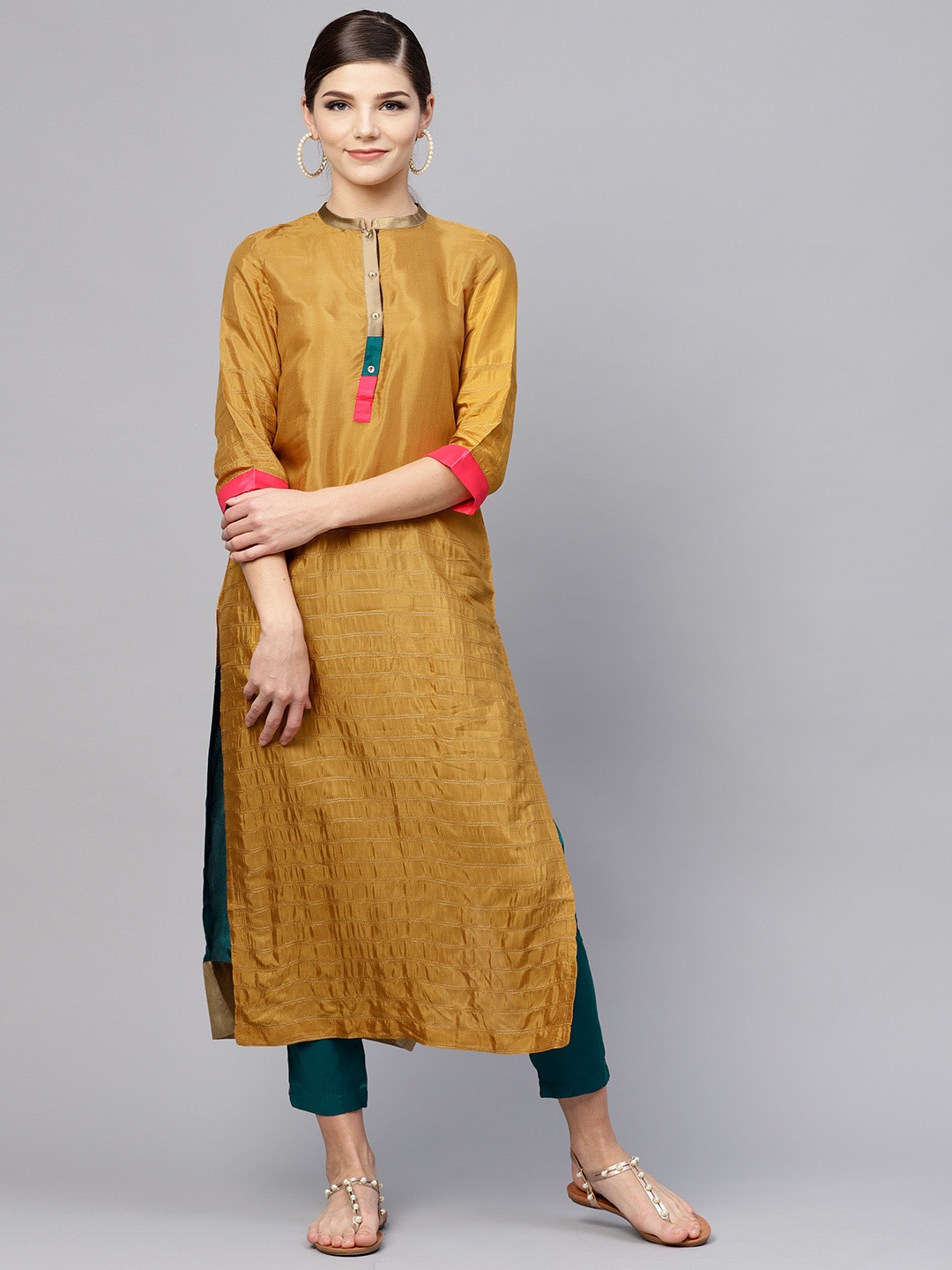 

W Women Mustard Yellow Solid Straight Kurta