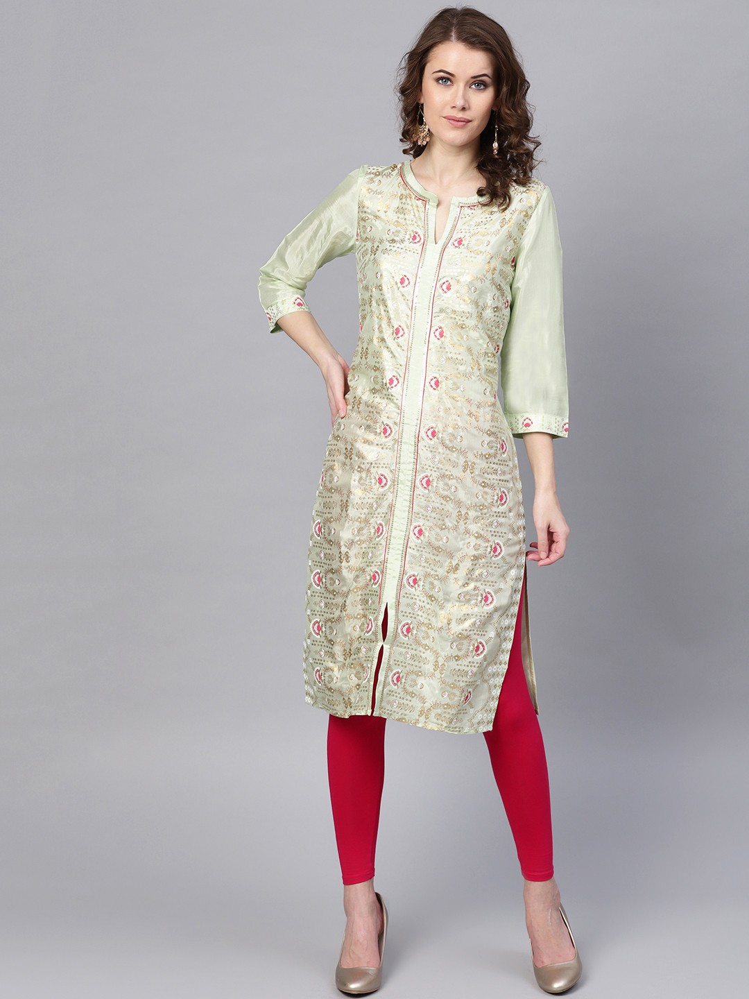 

W Women Green & Golden Printed Straight Kurta