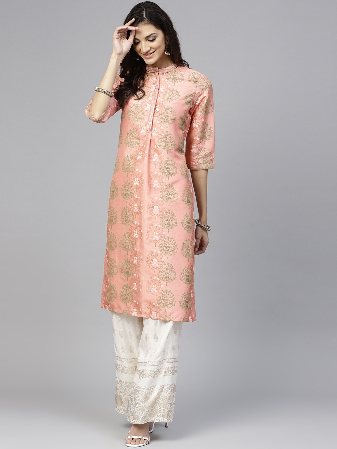 

W Women Pink & Green Printed Straight Kurta