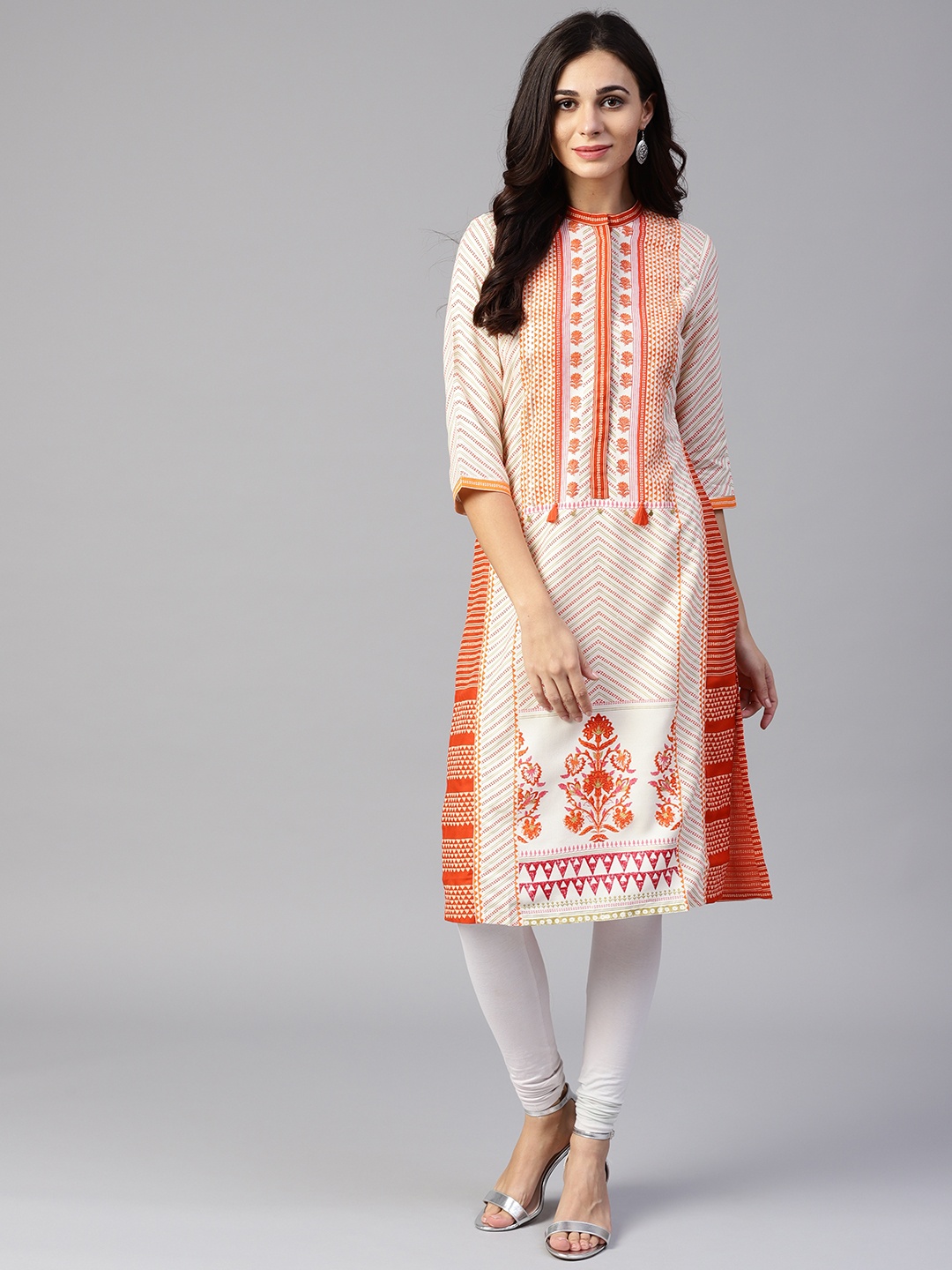 

W Women Off-White & Orange Printed Straight Sustainable Kurta