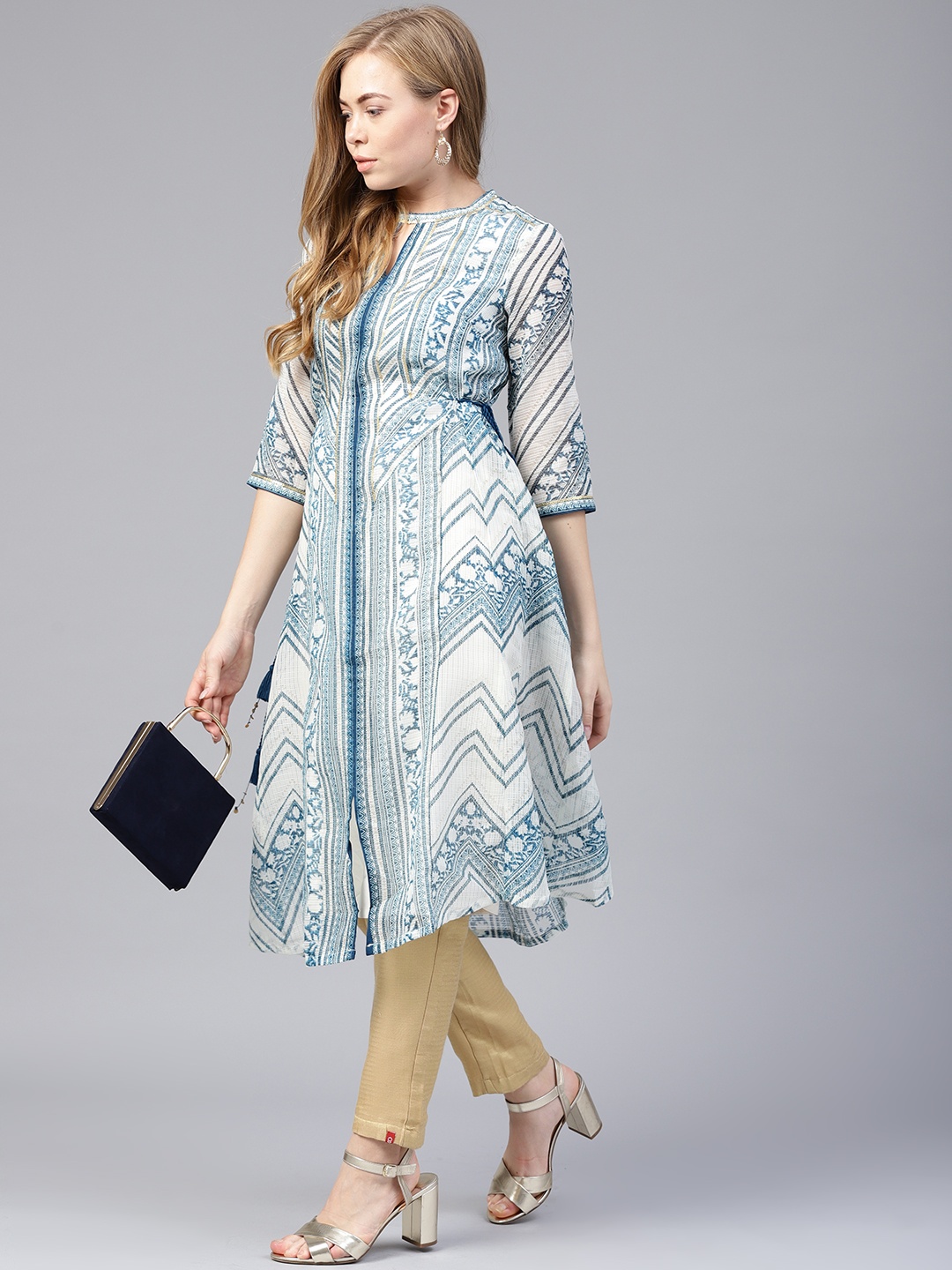 

W Women White & Blue Printed A-Line Kurta