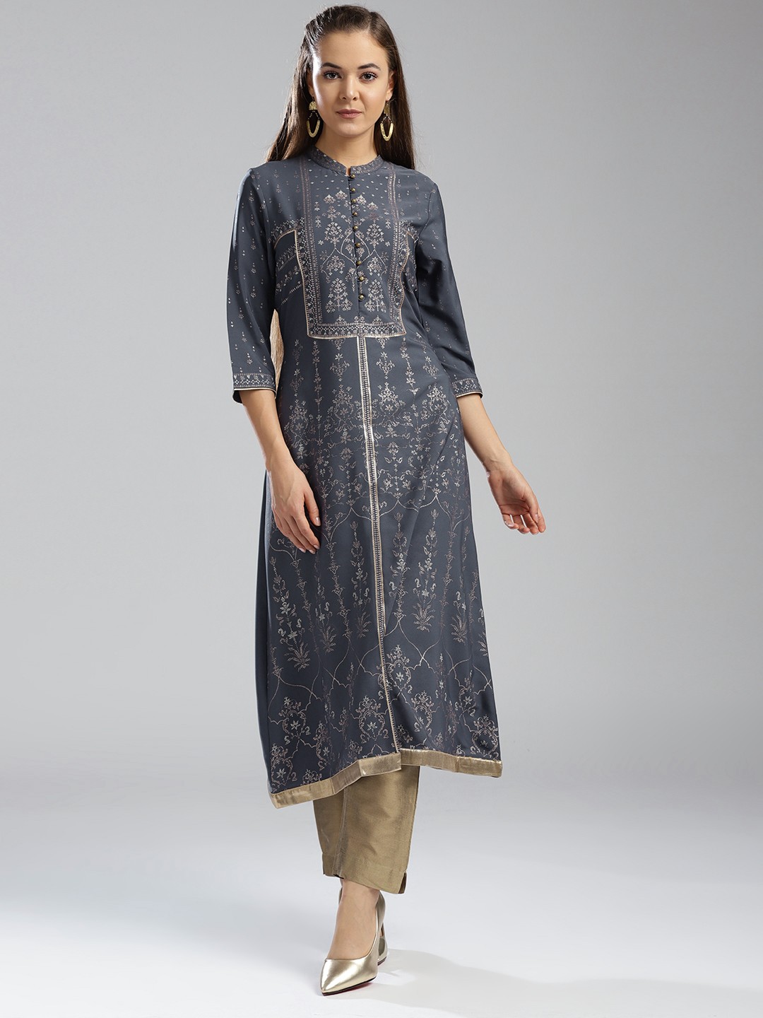 

W Women Grey & Golden Printed A-Line Kurta
