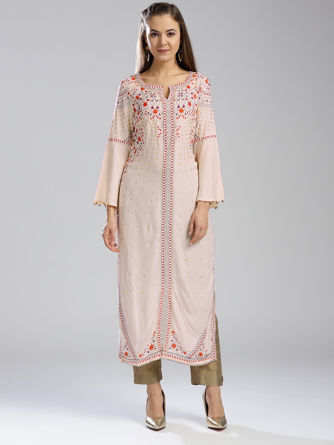 

W Women Peach-Coloured Printed Straight Kurta