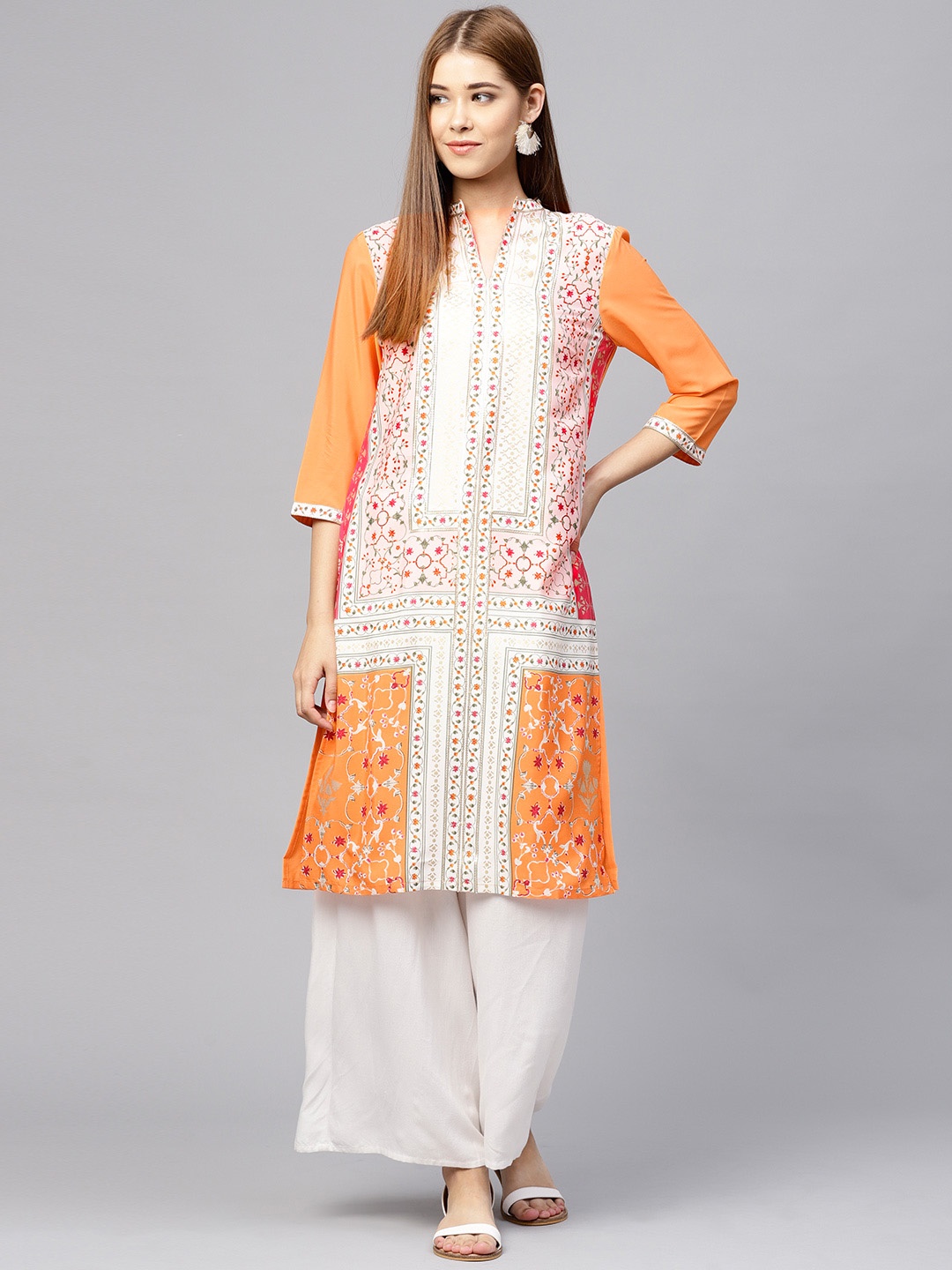 

W Women Orange & White Printed Straight Kurta