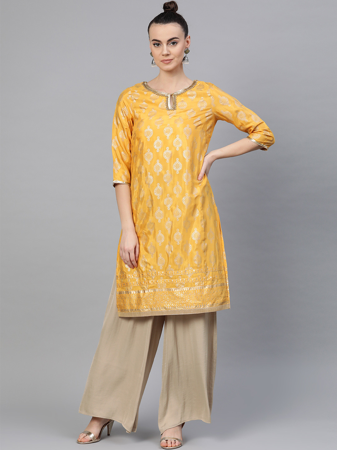 

WISHFUL by W Women Mustard YelloWISHFUL by W & Golden Printed Straight Kurta