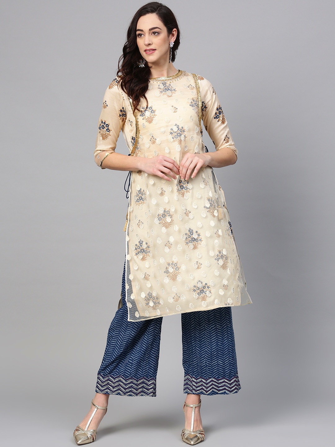 

WISHFUL by W Women Cream-Coloured & Golden Printed Layered Straight Kurta