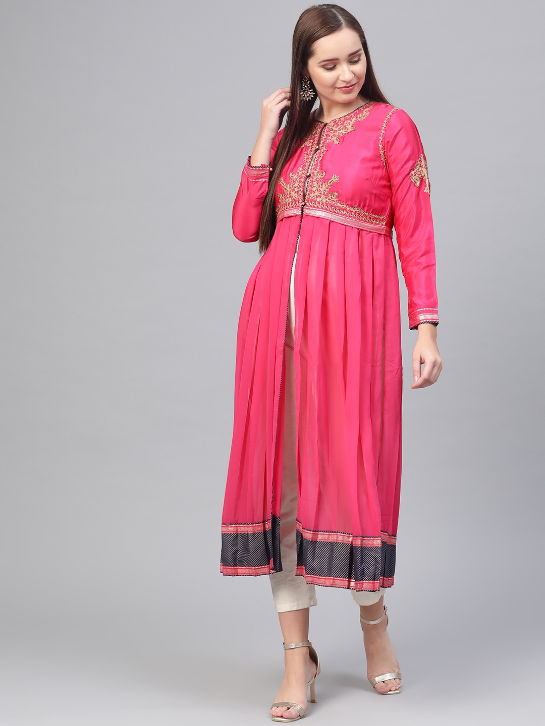 

WISHFUL by W Women Pink & Golden Yoke Design A-Line Kurta