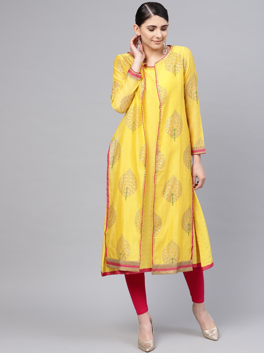 

WISHFUL by W Women YelloWISHFUL by W & Golden Printed A-Line Kurta with Ethnic Jacket, Yellow