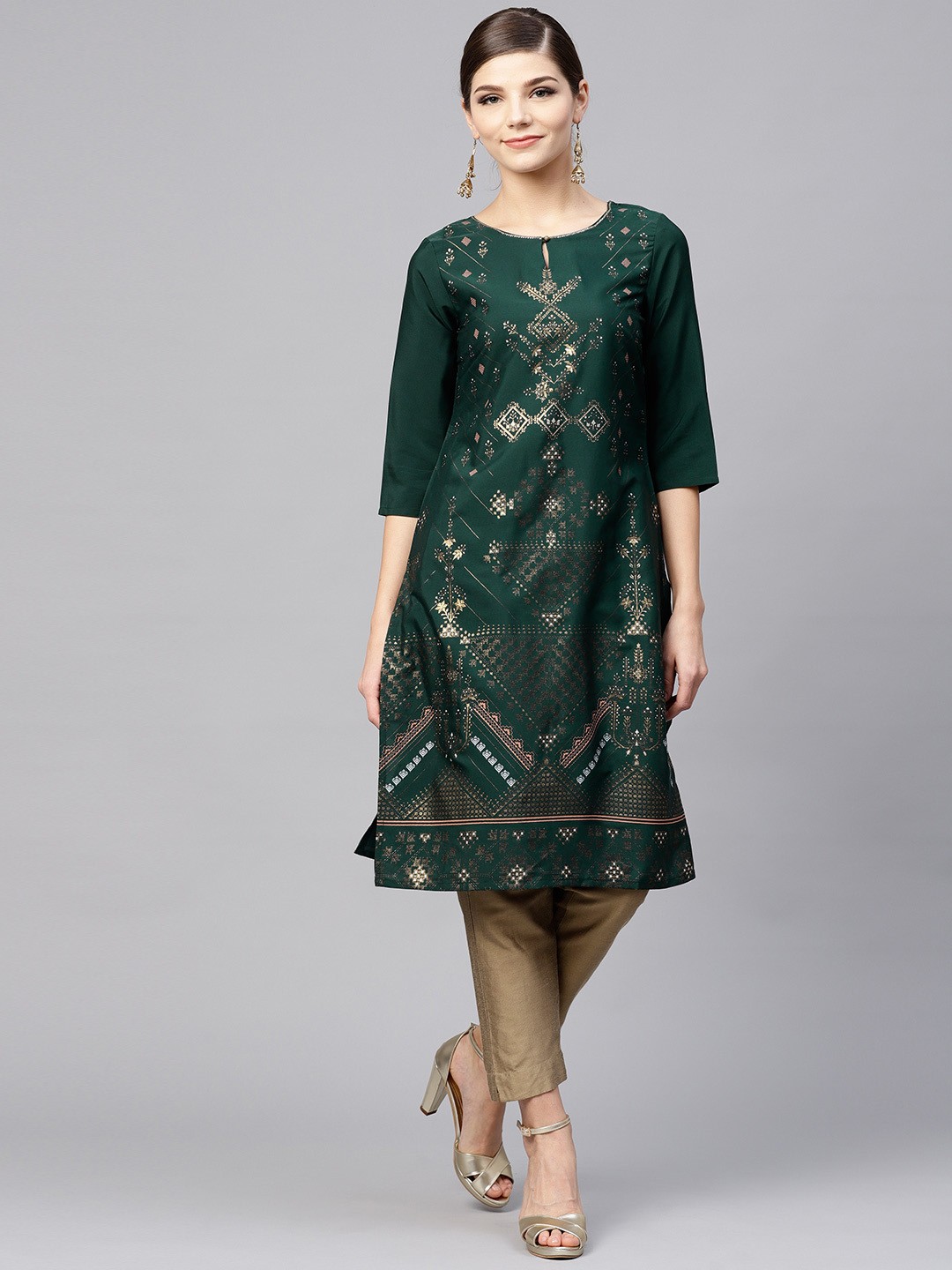

W Women Green & Golden Printed Straight Kurta