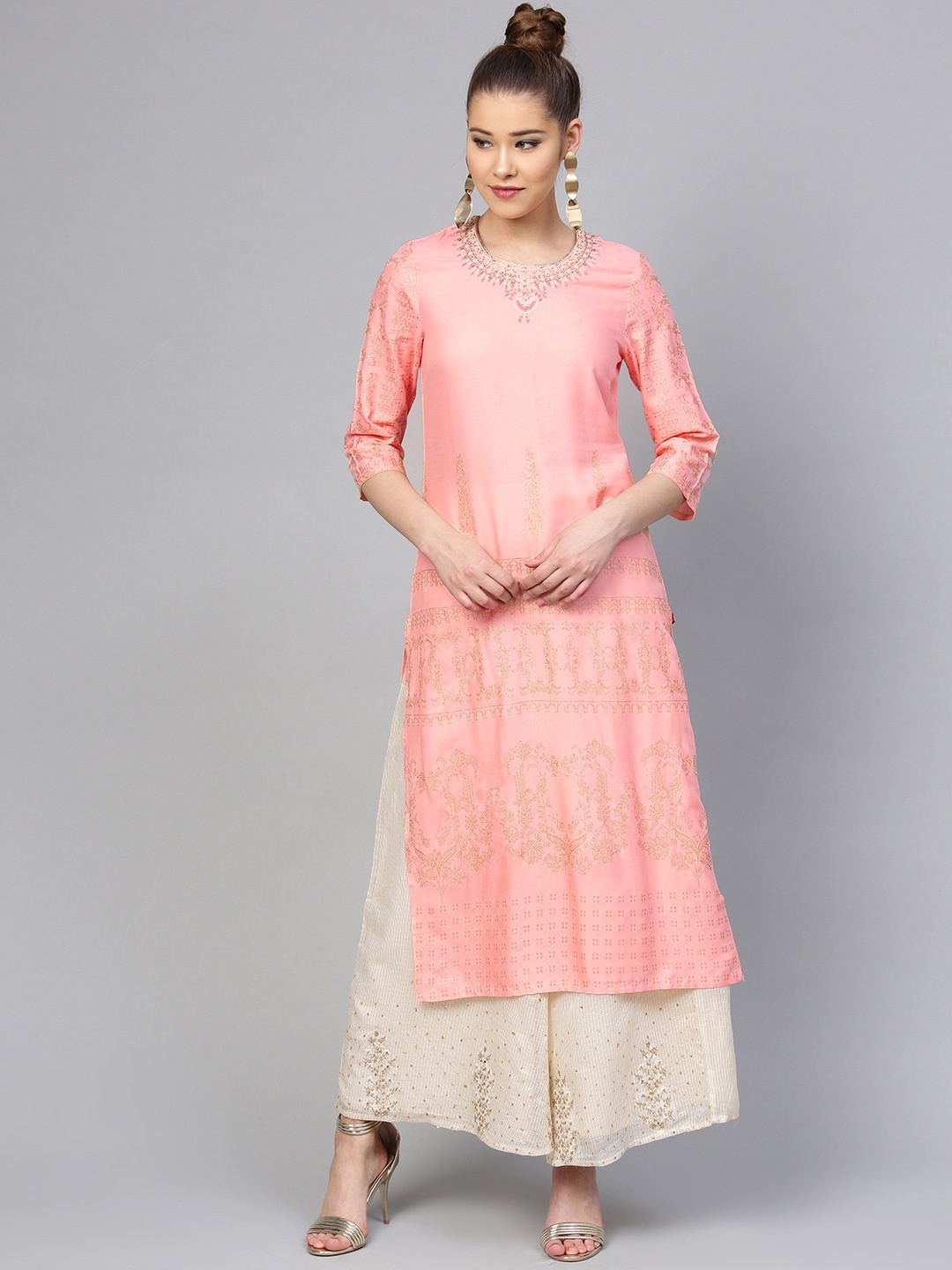 

W Women Peach-Coloured & Golden Printed Straight Sustainable Kurta