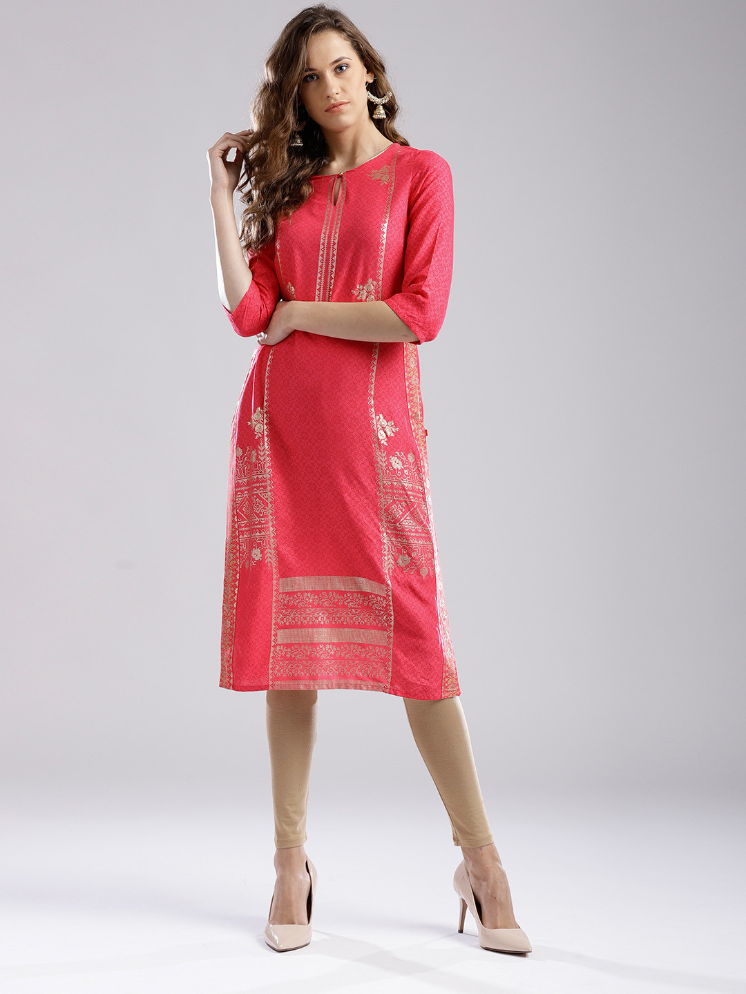 

W Women Pink & Golden Printed Straight Kurta