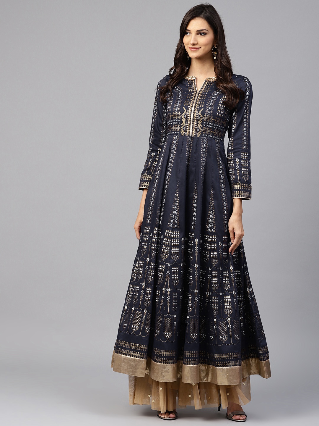 

W Women Navy Blue & Golden Printed Anarkali Kurta