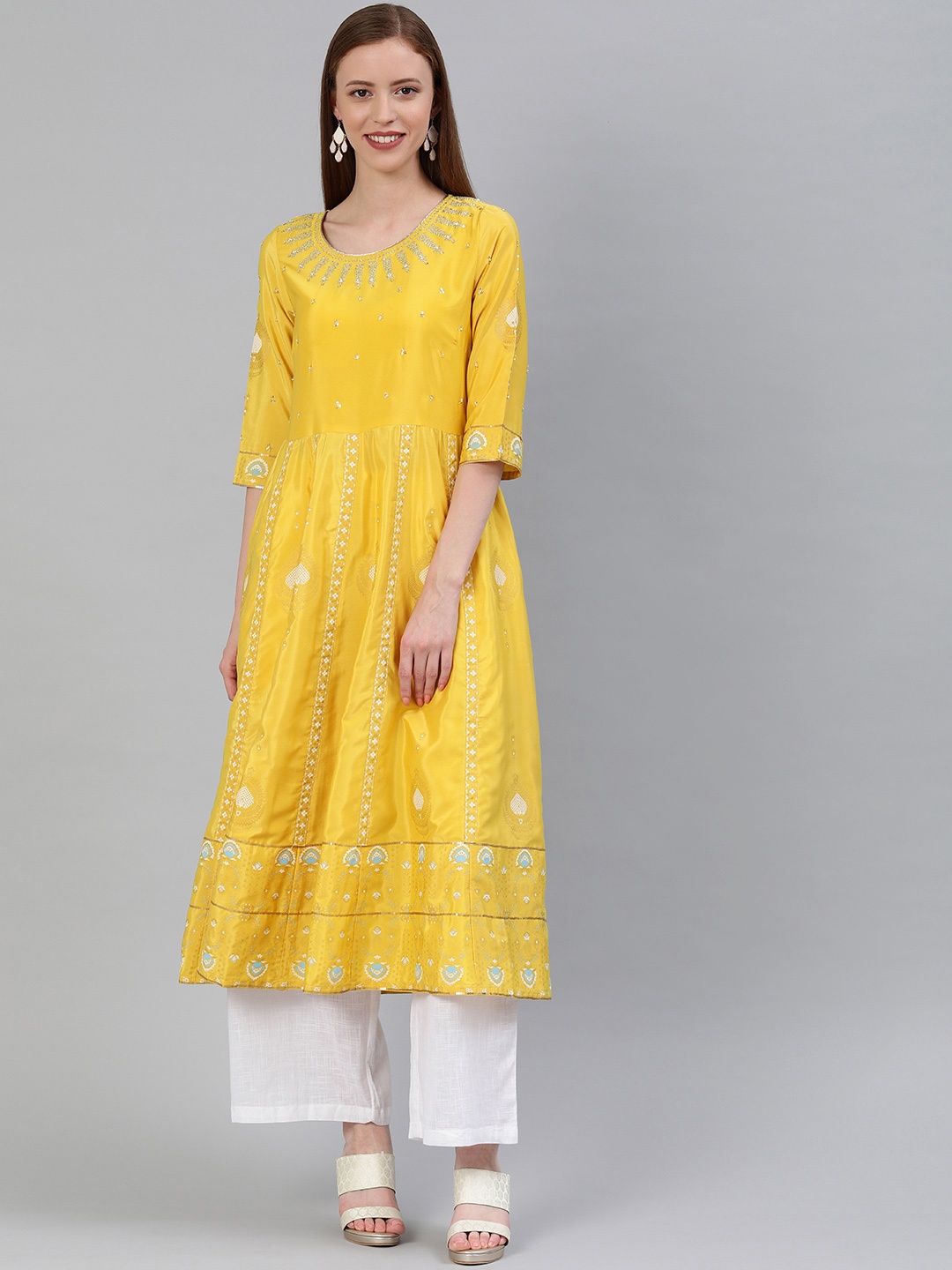 

W Women Mustard Yellow Embroidered A-Line Kurta With Embellished Detail