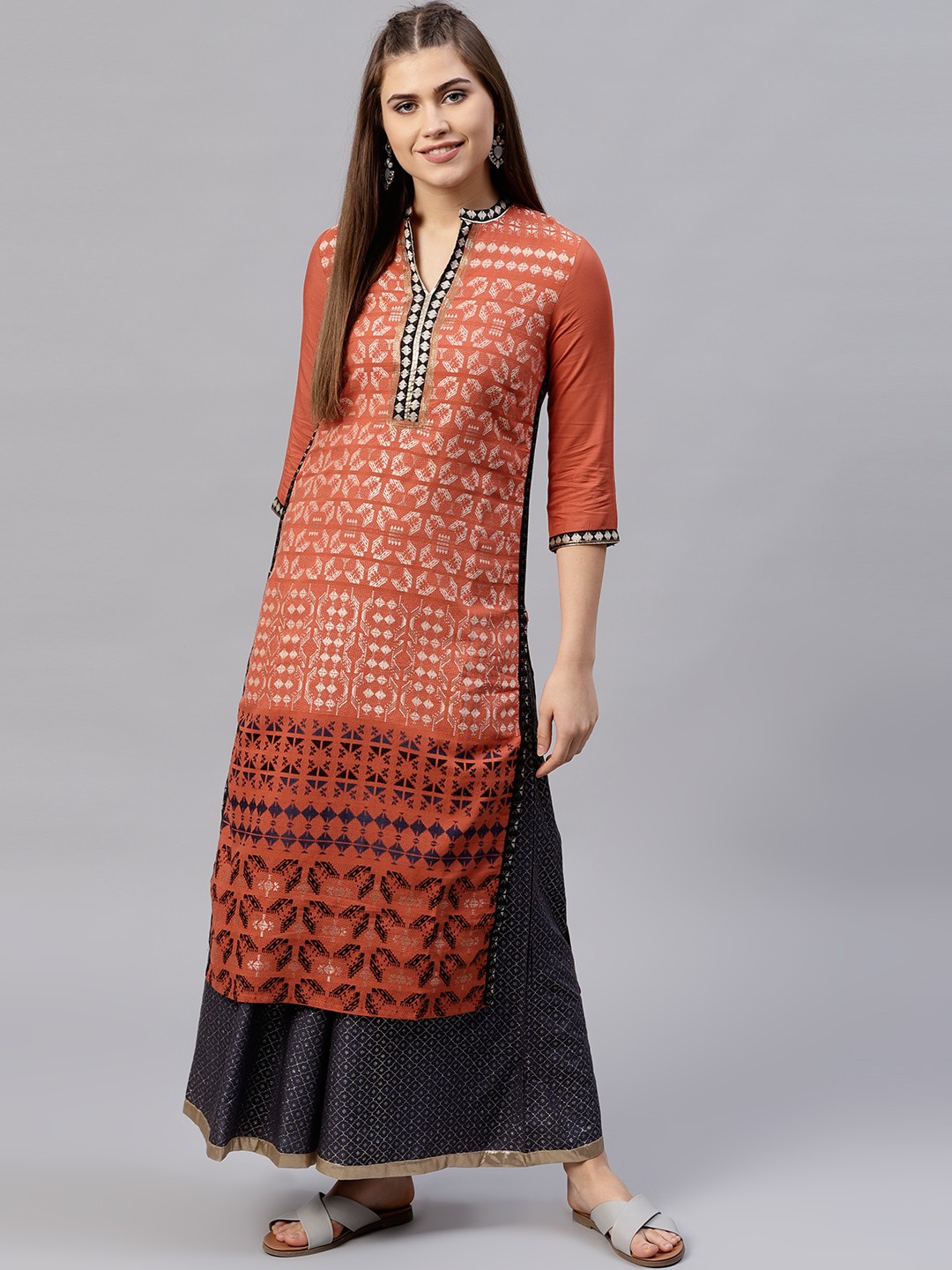 

W Women Rust Orange Woven Design Straight Kurta