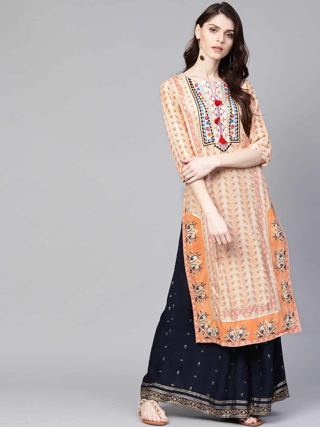 

W Women Orange Printed Straight Kurta
