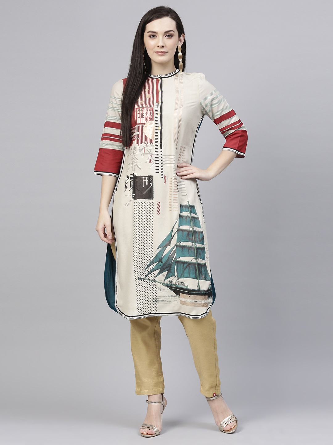 

W Women Off-White & Red Quirky Print Straight Kurta