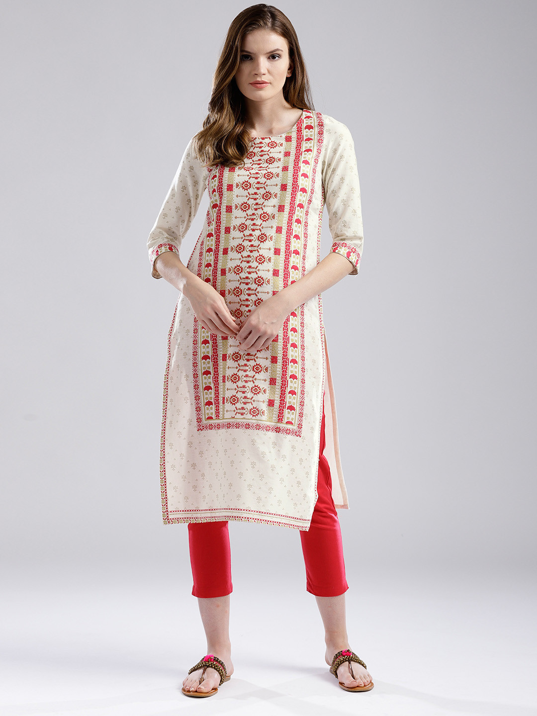 

W Women Off-White & Pink Printed Straight Kurta