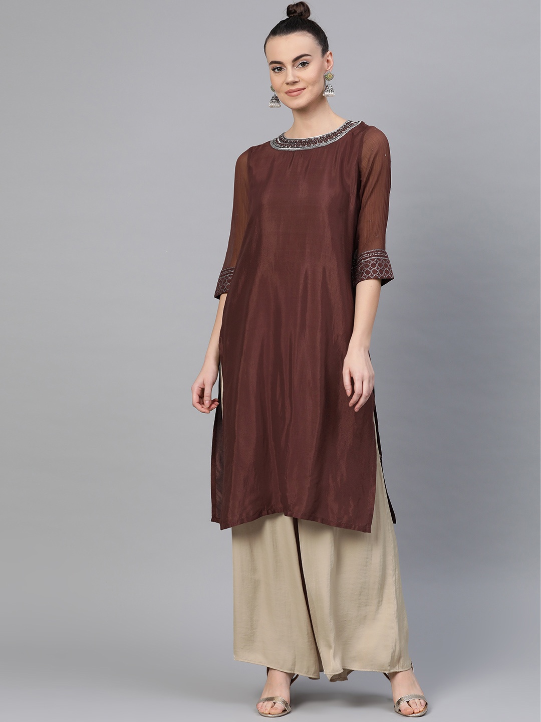 

WISHFUL by W Women Coffee Brown Solid Straight Kurta