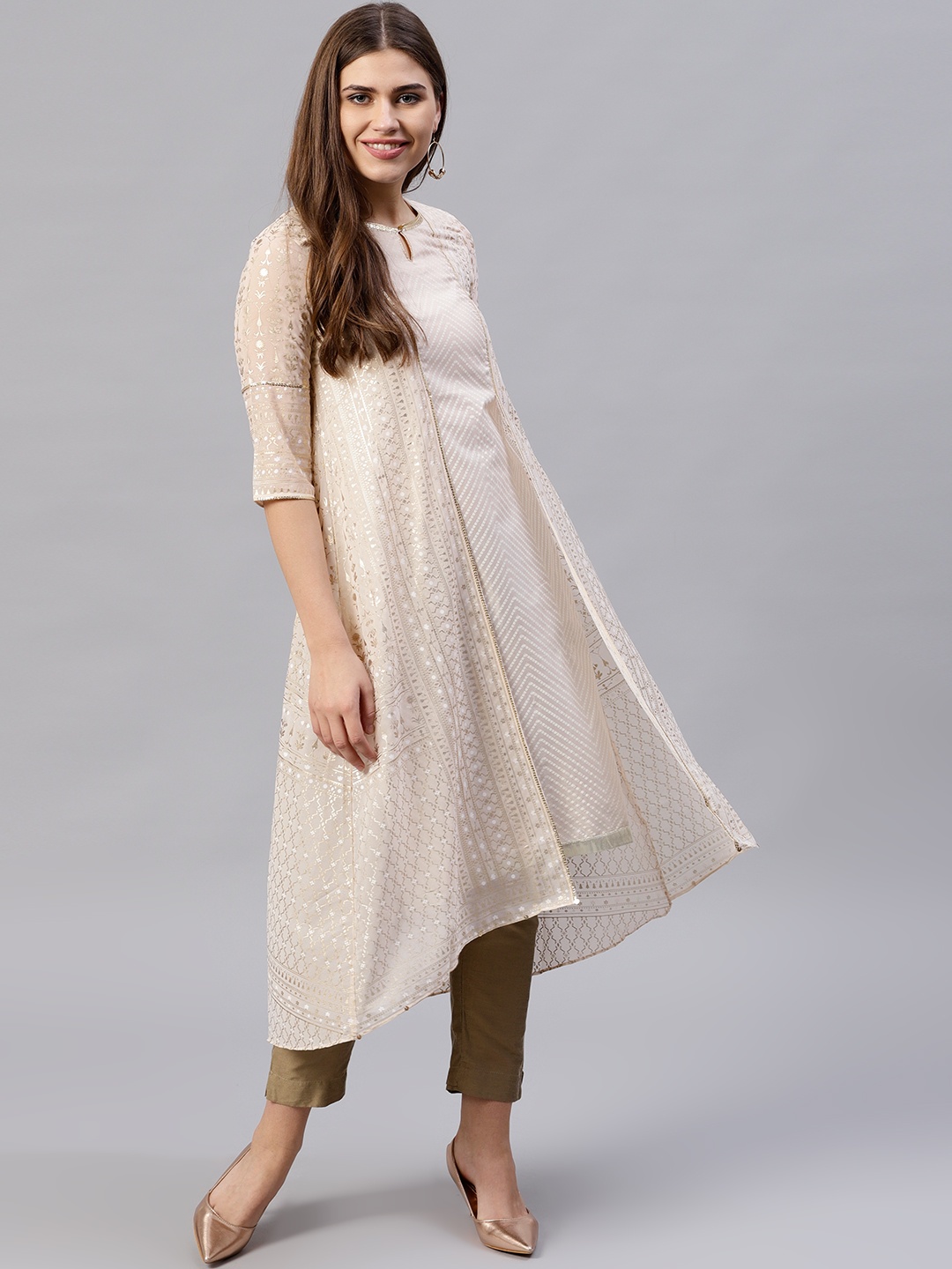 

W Women Beige & Golden Printed Layered A-Line Kurta