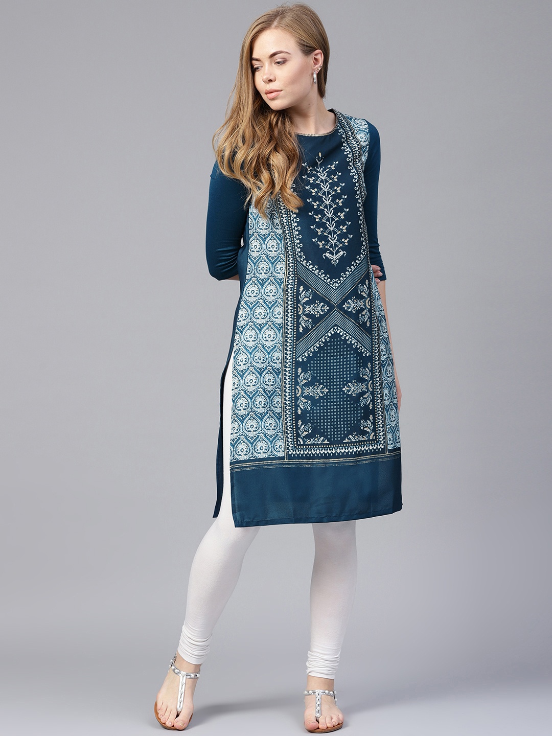 

W Women Teal Blue & Off-White Printed Straight Kurta