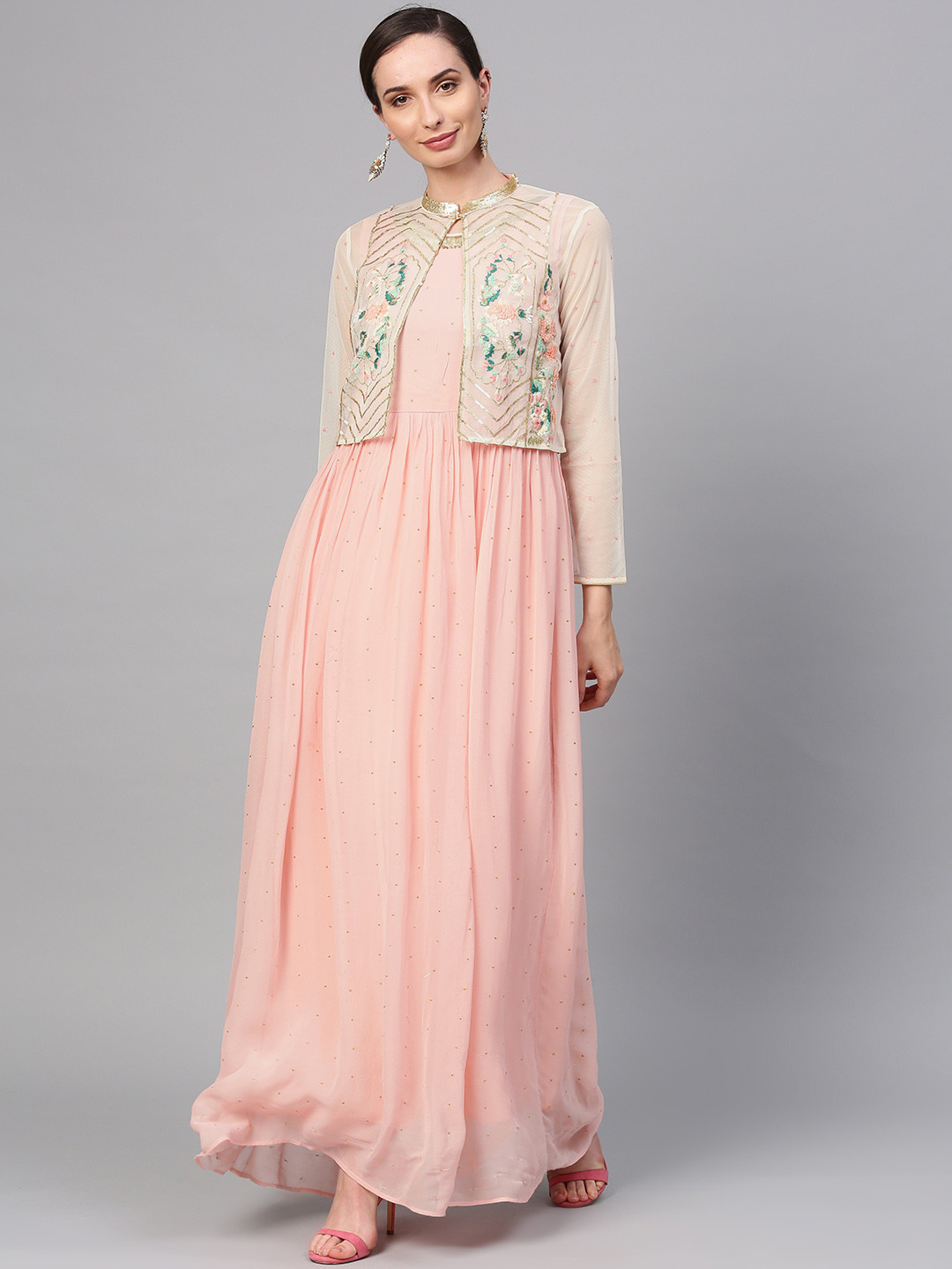 

WISHFUL by W Women Peach-Coloured & Off-White Mukaish Work A-Line Kurta with Ethnic Jacket