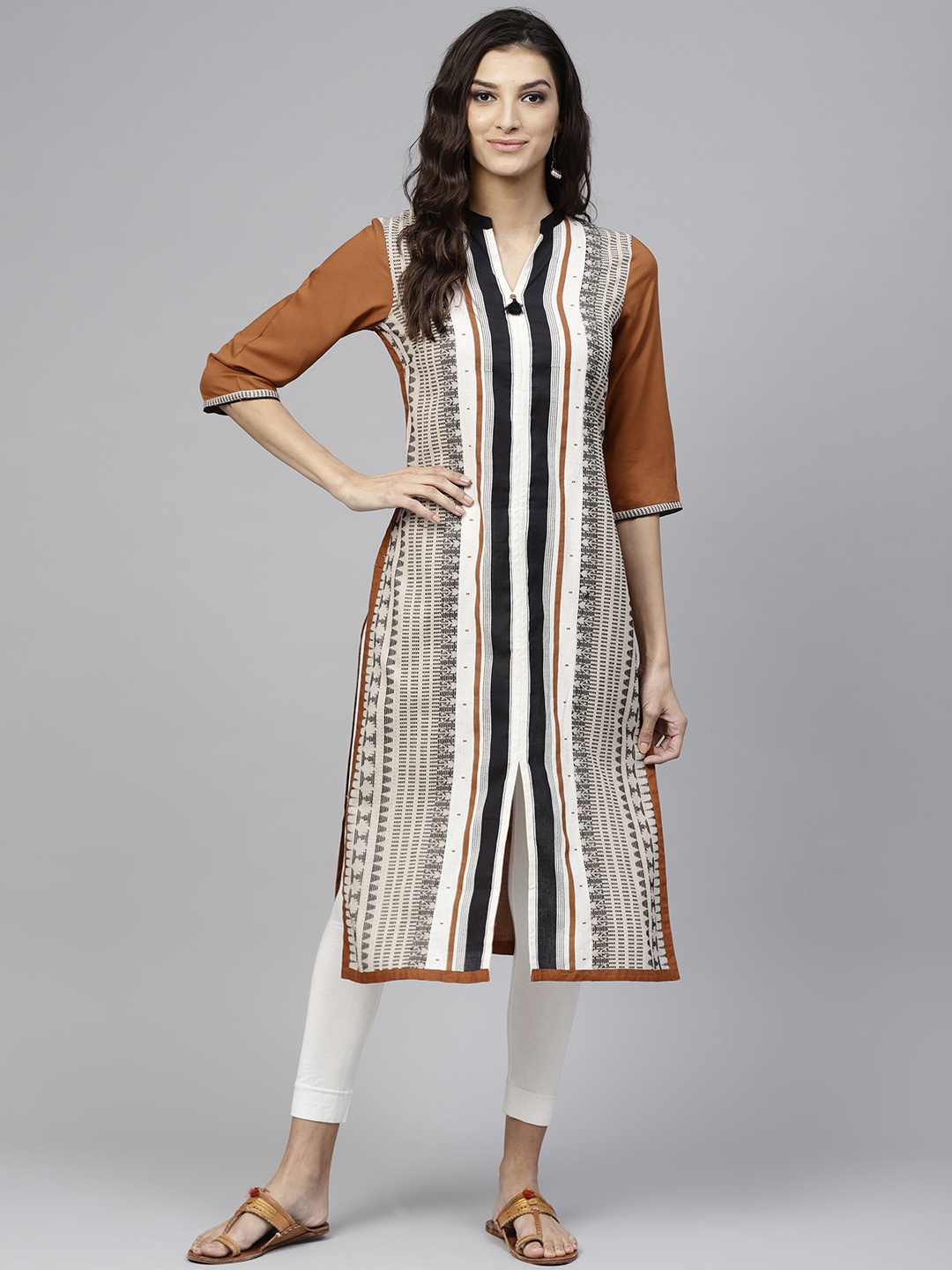 

W Women Beige & Mustard Brown Striped Woven Design Straight Kurta